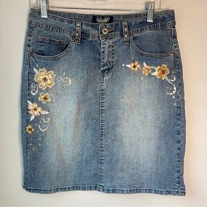 Vintage Y2K Angels Low Rise Embellished Florals Denim Skirt